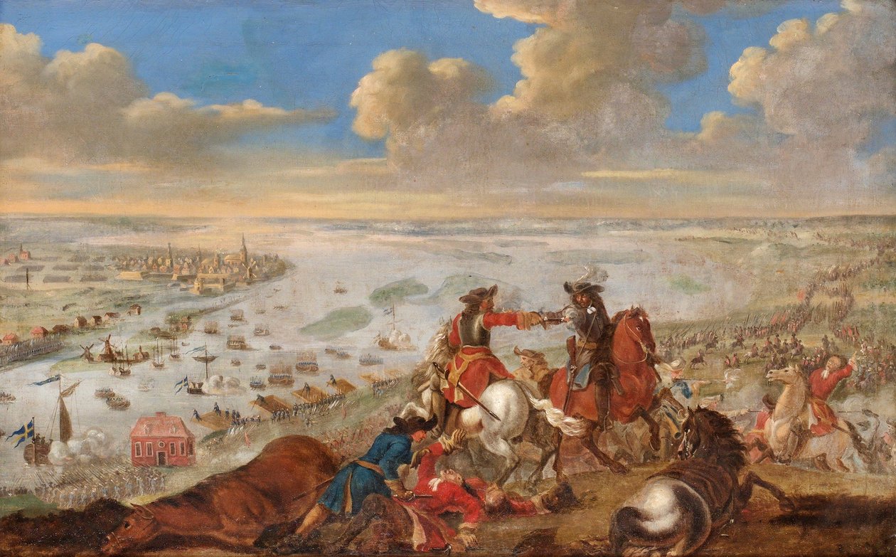 الحرب الشمالية العظمى: تشارلز (كارل) الثاني عشر من السويد (1682-1718) عبور دوجافا في عام 1701 بعد انتصاره في معركة دوغافا (أو معركة دونا) في لاتفيا - لوحة ليوهان فيليب ليمكي (1631-1711) ، زيت على قماش (72.5 × 114 سم) بواسطة يوهان فيليب ليمكي