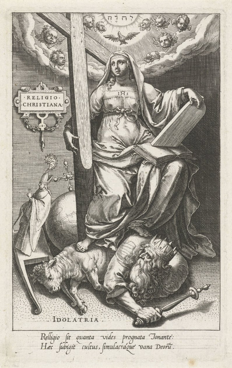 الدين المسيحي (Religio Christiana) يتغلب على عبادة الأصنام (Idolatria) Religio Christiana (العنوان على الكائن) الفضائل تغلب على الرذائل (عنوان المسلسل) بواسطة يوهان سادلر (أنا)