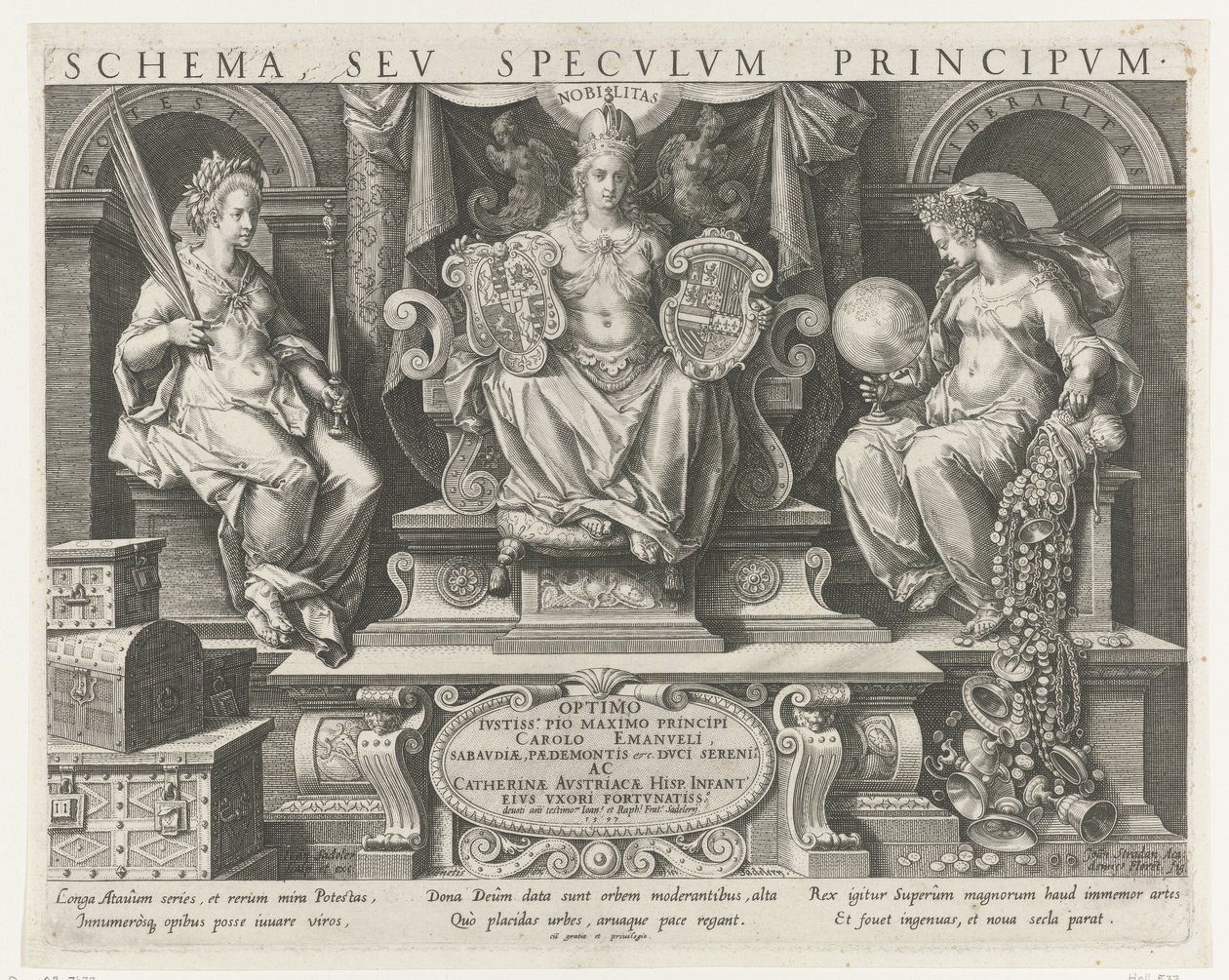 السلطة (Potestas) ، Prestige (Nobilitas) و Benevolence (Liberalitas) طباعة العنوان لسلسلة عن صفات الأمير المهن الرئيسية للأمير (عنوان السلسلة) المخطط ، مبدأ منظار seu (عنوان السلسلة) المخطط ، sev specvlvm بواسطة يوهان سادلر (أنا)
