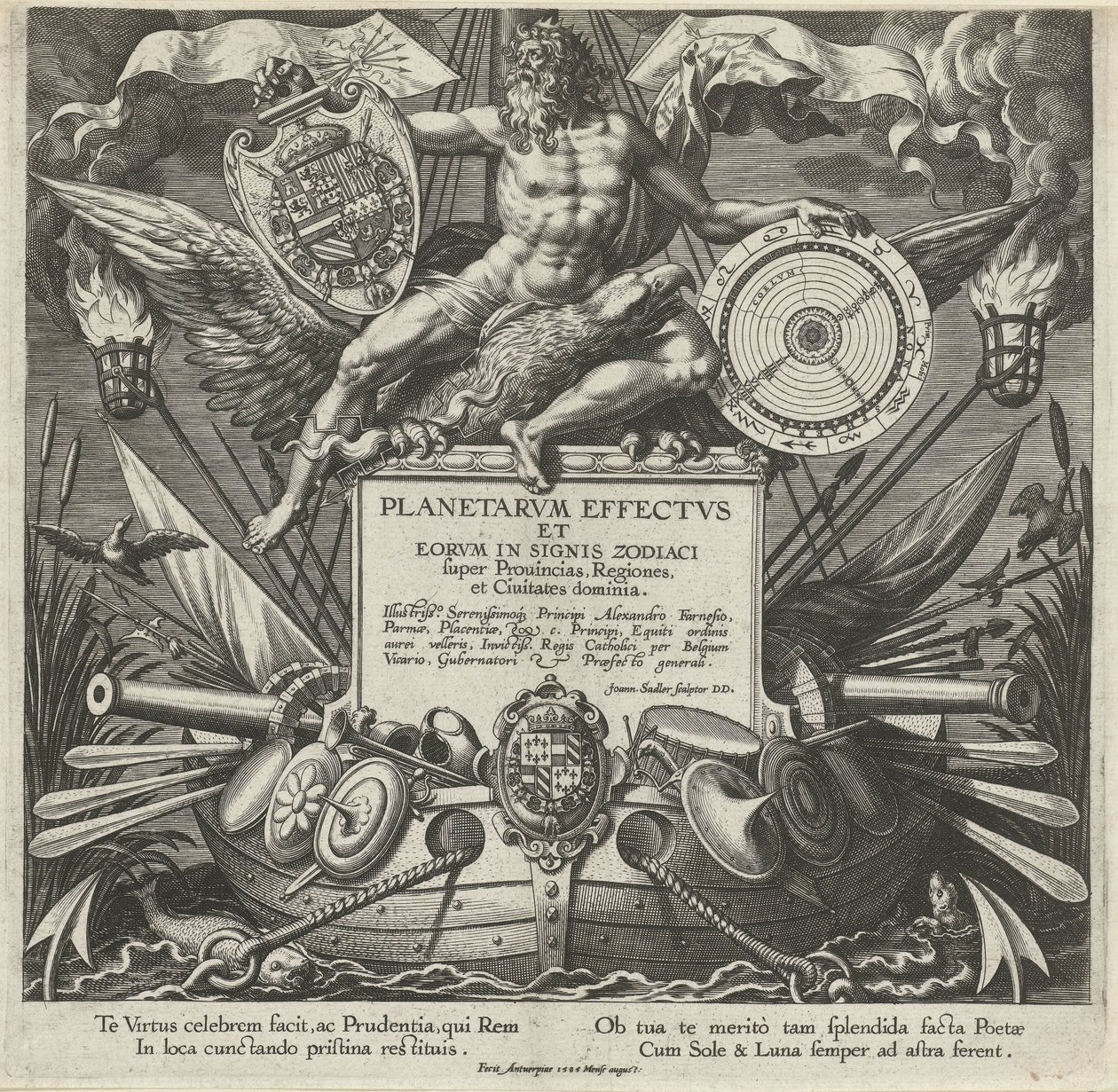 Jupiter en oorlogsschip التقى het wapen van Alessandro Farnese Titelprent van een prentserie أكثر من تأثير فان دي بلانتين فوق ستريك آثار الكواكب وعلاماتها في الأبراج (عنوان السلسلة) تأثيرات Planetarvm و eorvm في علامات البروج (ser بواسطة يوهان سادلر (أنا)