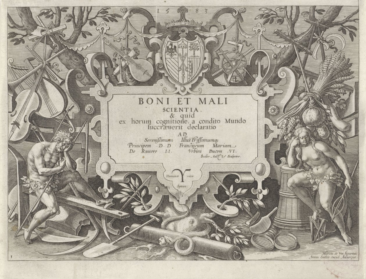 إطار مزخرف مع آدم وحواء تاريخ عائلة قابيل / في العمل الجيد والسيئ (عنوان المسلسل) Boni et mali Scientia (عنوان السلسلة على الكائن) بواسطة يوهان سادلر (أنا)