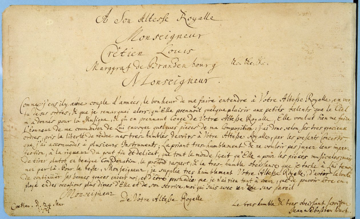 تكريس بخط اليد لـ "Brandenburger Concertos" إلى كريستيان لودفيج ، Margrave of Brandenburg 24 مارس 1721 (قلم وحبر على ورق) بواسطة يوهان سيباستيان باخ