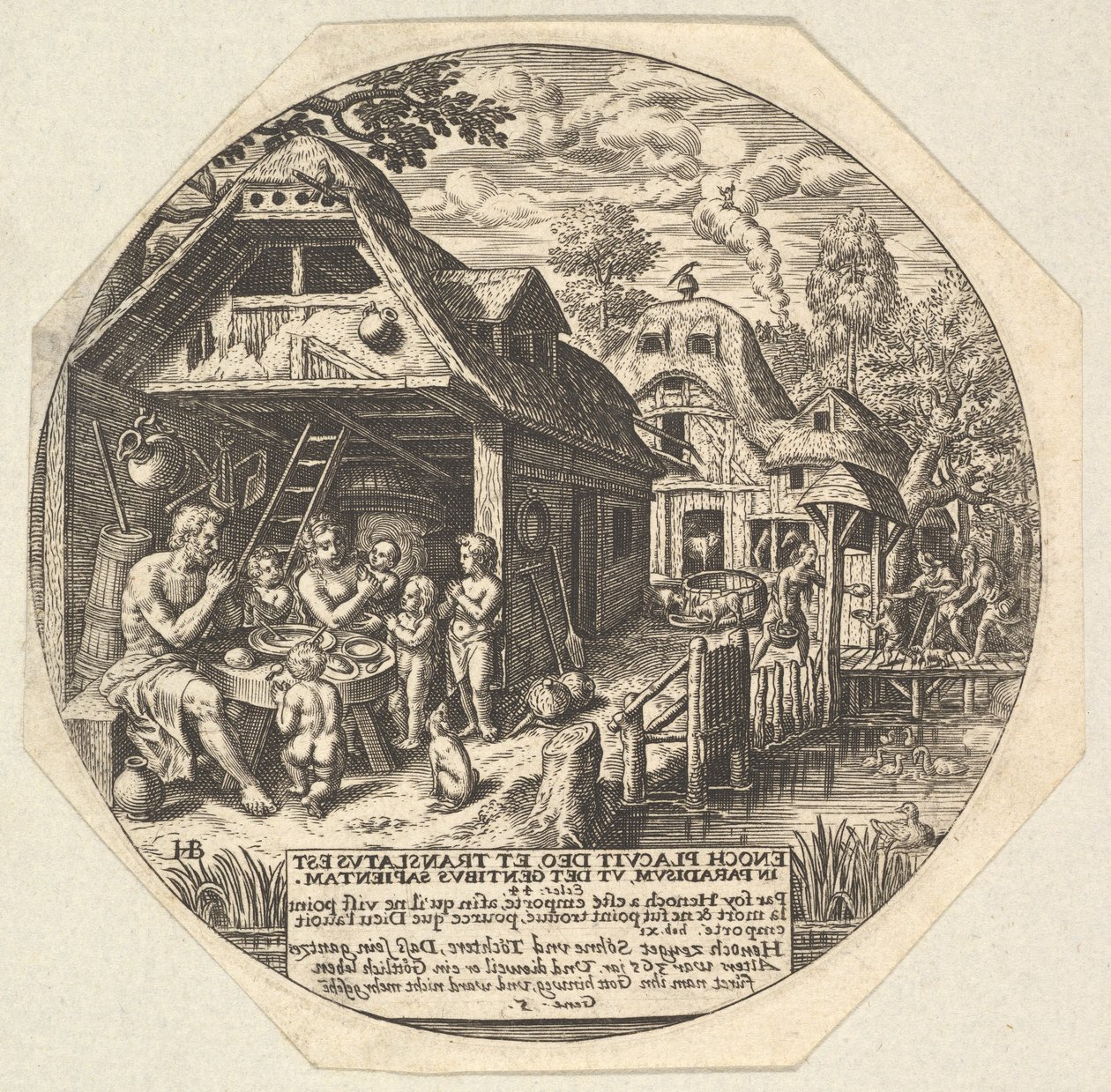 أخنوخ وعائلته يحيطون بطاولة طعام ويمسكون بأيديهم في إيماءة ... ، كاليفورنيا. 1580-1623. بواسطة يوهان ثيودور دي بري
