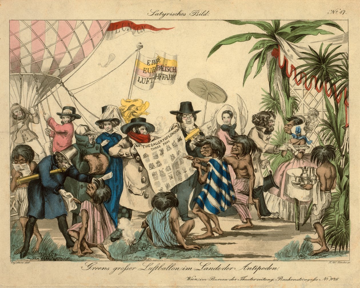 منطاد الهواء الساخن الأخضر في Antipodes ، حوالي عام 1840 (نقش ملون يدويًا) بواسطة يوهان وينزل زينكي