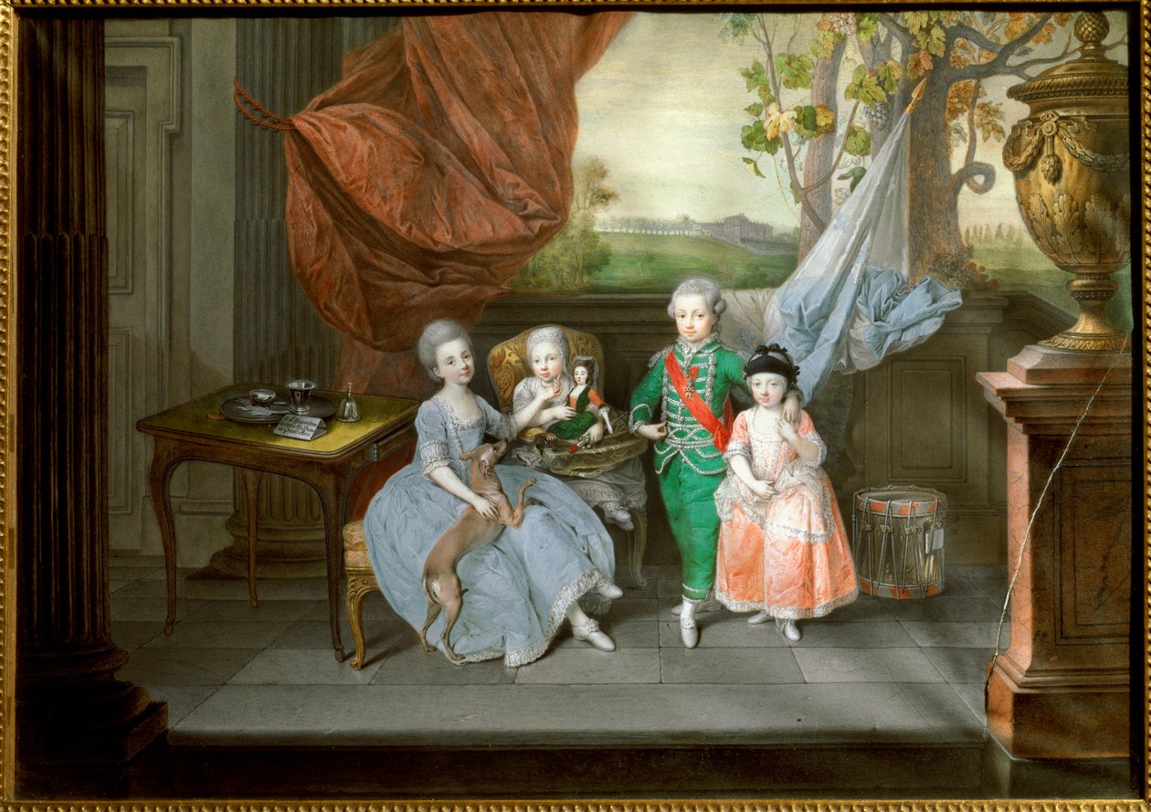 صورة لويس الأول ملك إتروريا ، مع أخواته كارولين ، ماري أنطوانيت وشارلوت ، حوالي عام 1780 (لوحة) بواسطة يوهان زوفاني