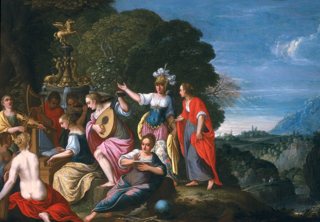 أثينا والتسع تسعة في آبار هيبوكرين ، 1624 (زيت على النحاس) بواسطة يوهان أو هانز كونيج
