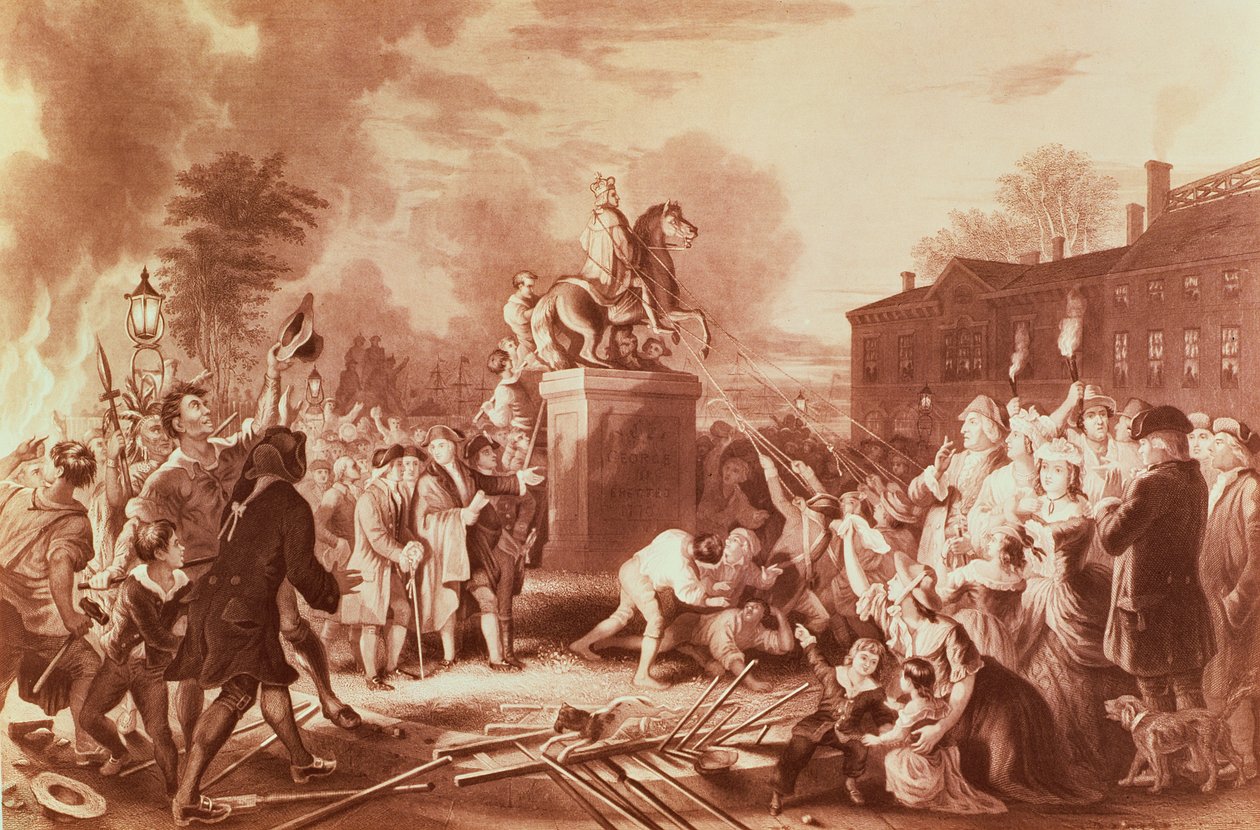 هدم تمثال جورج الثالث في البولينج غرين عام 1776 ، محفور من قبل جون سي ماكراي بواسطة يوهانس آدم سيمون أورتيل