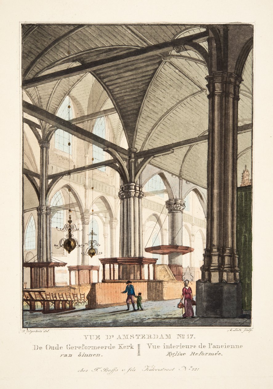 Vue d&39;Amsterdam رقم 17. الكنيسة الإصلاحية القديمة في الداخل. Vue interieure de l&39;ancienne Eglise Reformée، 1825 (النقش اليدوي) بواسطة يوهانس جيلجيرهويس