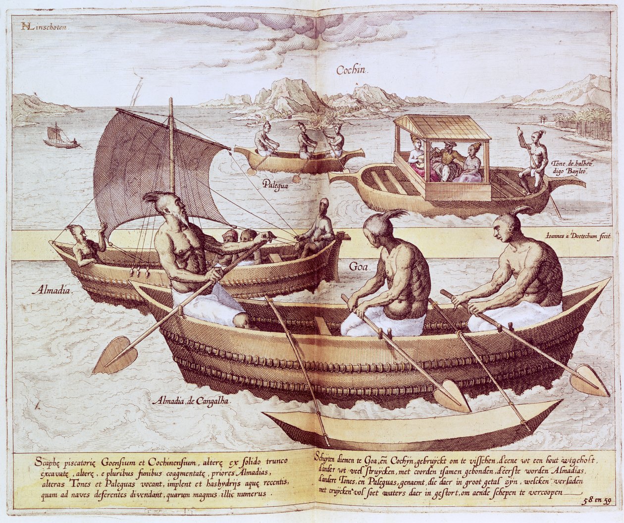 القوارب في غوا ، توضيح من "جان هيوجين فان لينشوتن ، حديثه عن الرحلات إلى جزر الهند الشرقية والغربية" ، 1579-1592 بواسطة يوهانس بابتيستا فان دويتيكوم الأصغر