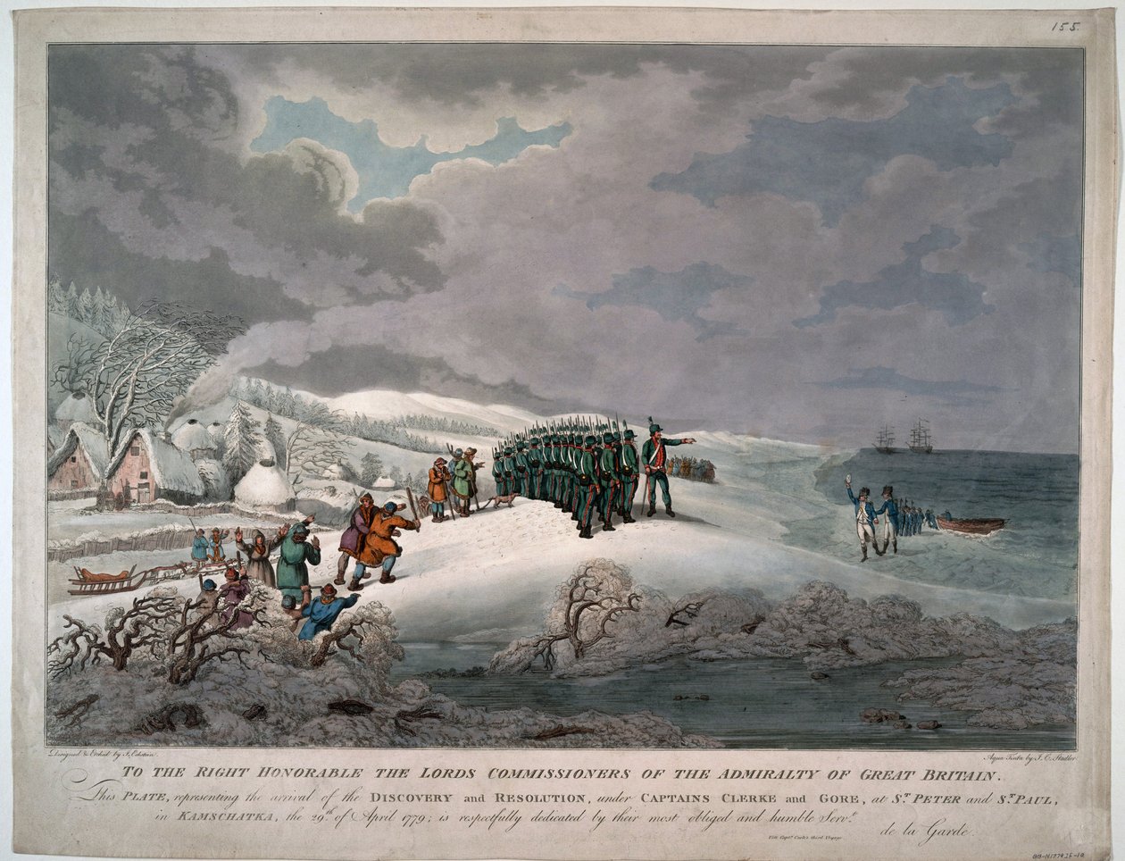 وصول القرار والاكتشاف على الساحل الشرقي لكامتشاتكا تحت قيادة النقباء تشارلز كليرك (1740-1779) وجون جور (مورت إن 1790) - إيكشتاين ، يوهانس (1735-1817) - 1779 - أكواتينت - 51 × 65،8 - مجموعة خاصة بواسطة يوهانس إيكشتاين