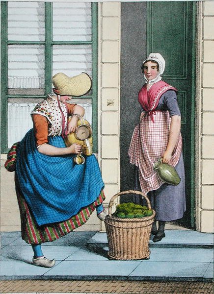 امرأة تبيع الحليب والخضروات ، رسم توضيحي من "Collections des Costumes des Provinces Septentrionales du Royaume des Pays Bas ..." محفور بواسطة Villeneuve بواسطة يوهانس فرانسيسكوس (بعد) المسيح