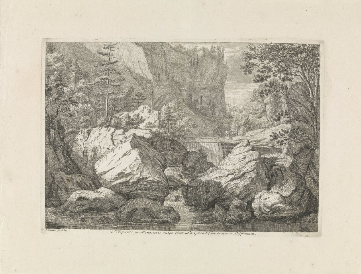 منظر لشلال نشرة في Monasterio vulgo ديكتو La Grande Chartreuse في Delphinatu (العنوان على الكائن) المناظر الطبيعية في جبال شارتروزر (عنوان السلسلة) بواسطة يوهانس جلوبر