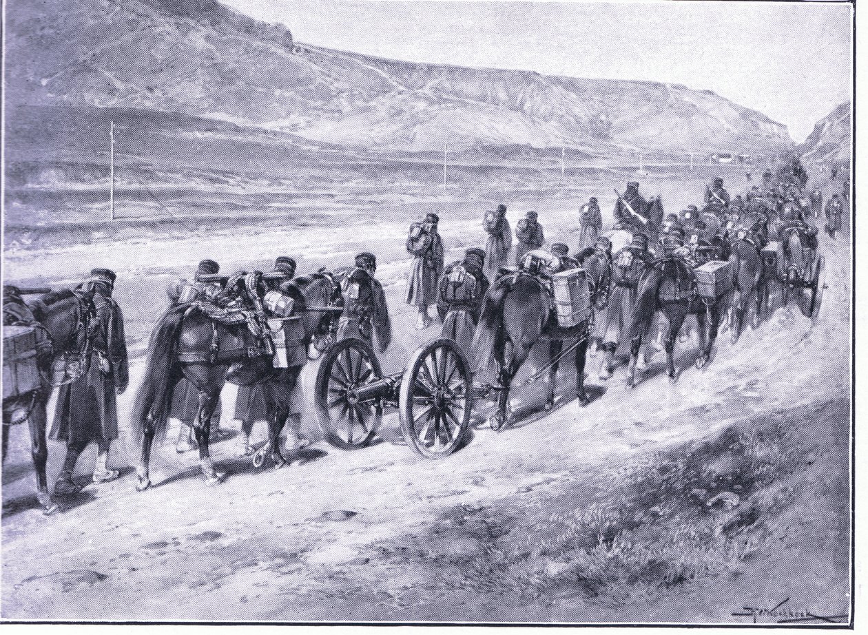 بطارية من البنادق الميدانية في طريقها إلى Ichon ، التوضيح من Casells History of Russo-Japanese War Vol 1 ، c.1900 بواسطة يوهانس هيرمان باريند كوكوك