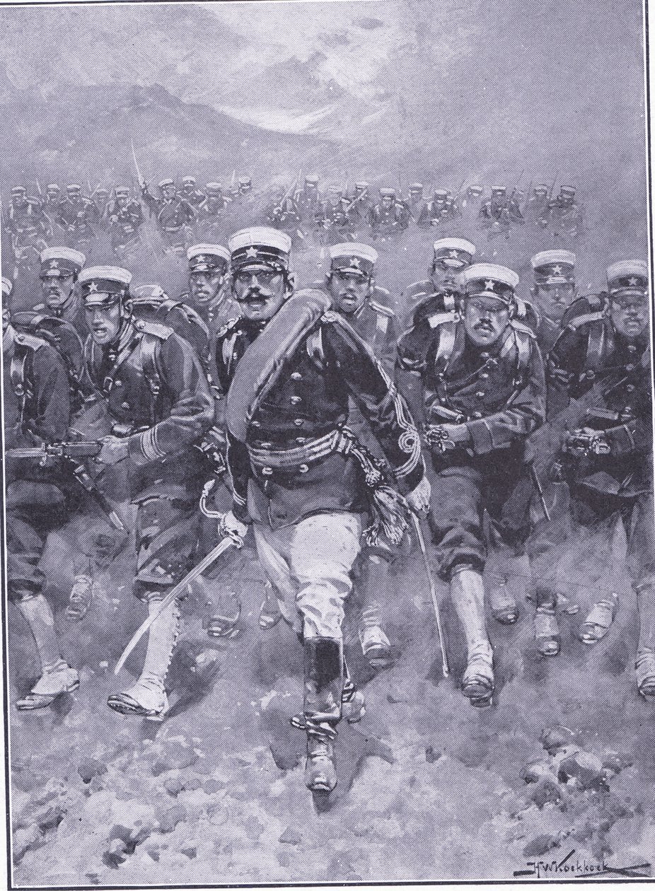 تهمة المشاة اليابانية ، التوضيح من Casells History of Russo-Japanese War Vol 1 ، c.1900 بواسطة يوهانس هيرمان باريند كوكوك