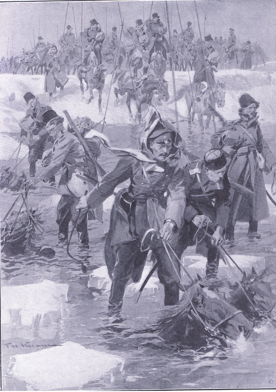 إنجاز فروسية. سلاح الفرسان الروسي يعبر نهرًا ، التوضيح من Casells History of Russo-Japanese War Vol 1 ، c.1900 بواسطة يوهانس هيرمان باريند كوكوك