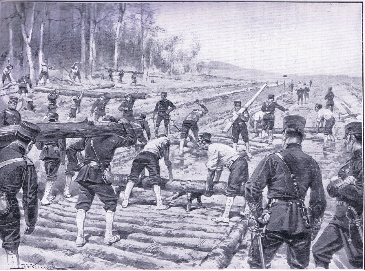 المهندسون اليابانيون يقومون ببناء طريق خشبي للقوات ، رسم توضيحي من Casells History of Russo-Japanese War Vol 1 ، c.1900 بواسطة يوهانس هيرمان باريند كوكوك