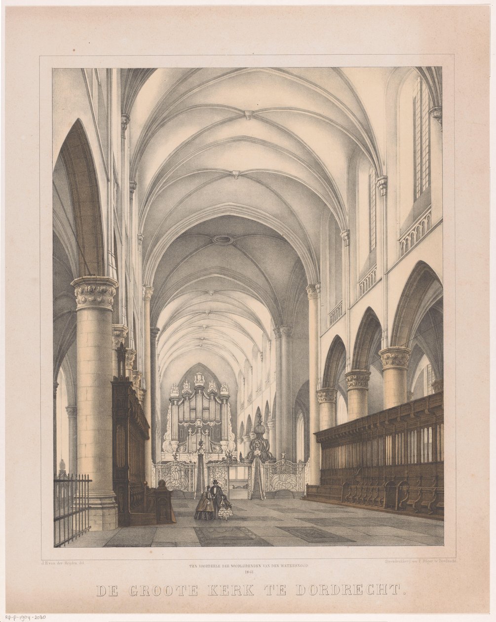 الجزء الداخلي من Grote Kerk في Dordrecht الكنيسة الكبيرة في دوردريخت (العنوان على القطعة) بواسطة يوهانس هيرمانوس فان دير هايدن
