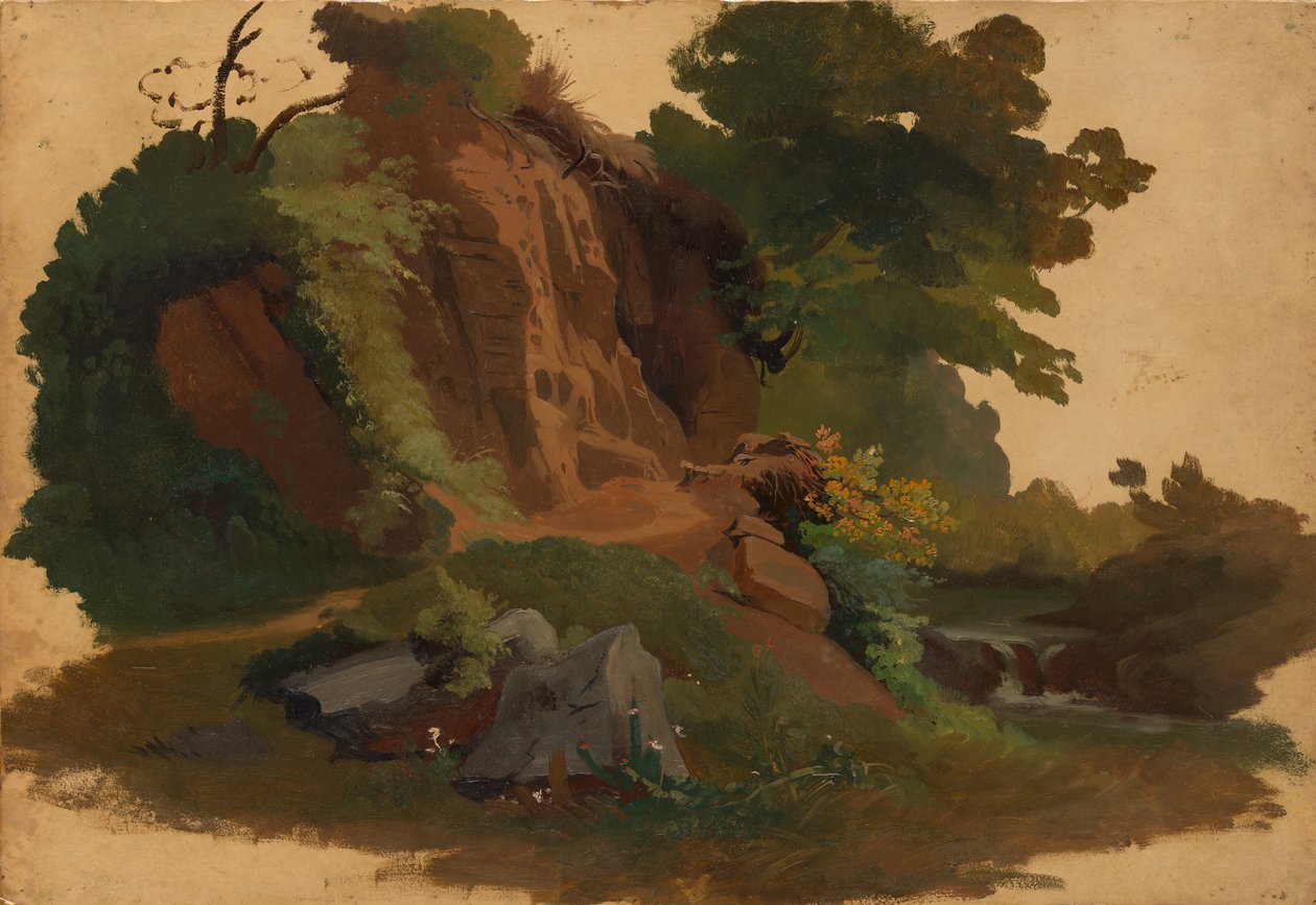 نتوء صخري بواسطة مجرى مائي في Roman Campagna ، كاليفورنيا. 1835-40. بواسطة يوهانس جاكوب فري