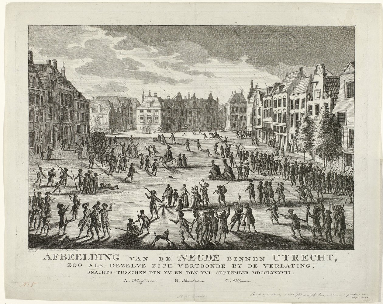 الوطنيون يغادرون النيود في أوتريخت ، 1787 صورة للنيود داخل أوتريخت ، كما ظهرت عندما كانت مهجورة ، ليلاً بين الخامس عشر. والسادس عشر. سبتمبر MDCCLXXXVII (العنوان على الكائن) بواسطة يوهانس جيلجيرهويس