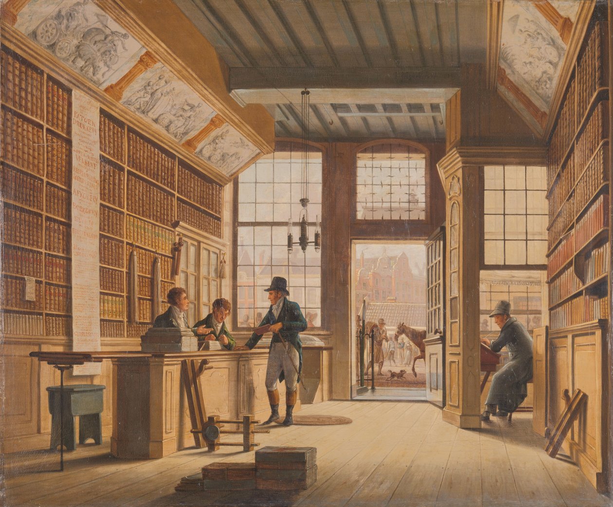 The Shop of the Bookdealer Pieter Meijer Warnars في Vijgendam في أمستردام مكتبة بيتر ميجر وارنارز (1792-1869) في Vijgendam ، أمستردام بواسطة يوهانس جيلجيرهويس