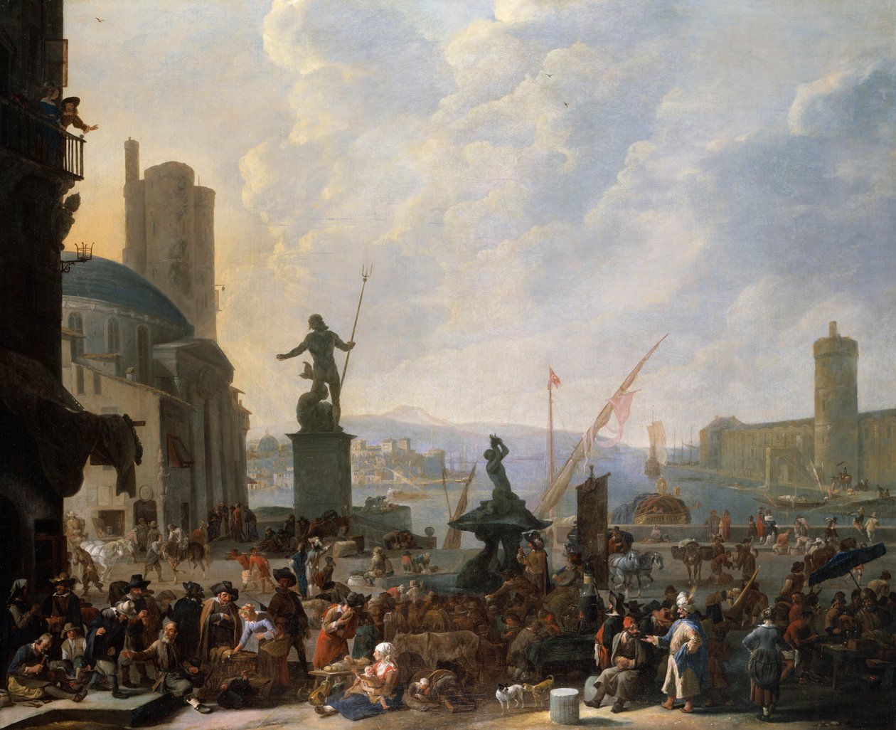 Capriccio من ميناء البحر الأبيض المتوسط مع نافورة ترينيون برنيني ، و Capriccio من قصر اللوفر ، 1651 بواسطة يوهانس لينجيلباخ