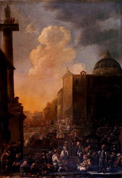 منظر Capriccio لساحة رومانية (زيت على لوح) بواسطة يوهانس لينجيلباخ