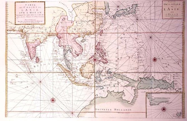 مخطط ساحلي يمتد من شمال غرب الهند إلى شمال أستراليا عن طريق اليابان والفلبين ، حوالي 1700 (نقش ملون) بواسطة يوهانس ومورتير كورنيليس كوفينز