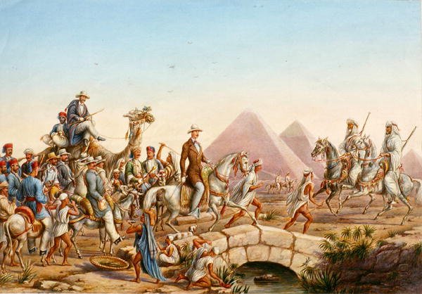 أمير بروسيا مع الوفد المرافق له يتجول في أهرامات الجيزة (ألوان مائية على ورق) بواسطة يوهانس رابي