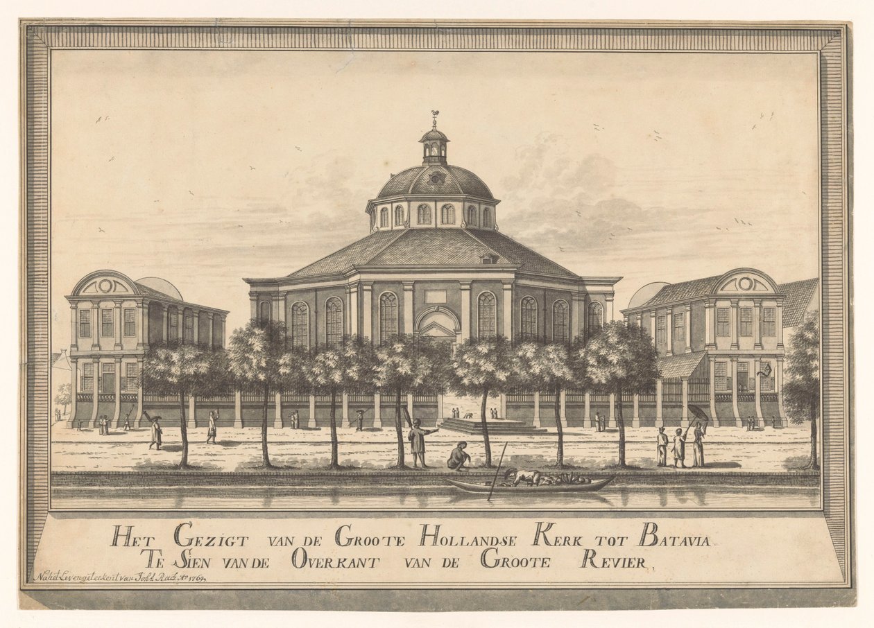 منظر لكنيسة باتافيا الهولندية الجديدة المنظر من Groote Hollandse Kerk إلى Batavia Te Sien من الجانب الآخر من Groote Revier (العنوان على الكائن) بواسطة يوهانس راش