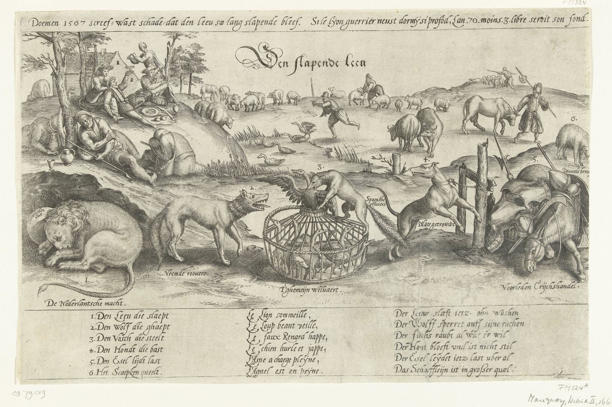الأسد النائم 1567 الأسد النائم (العنوان على الكائن) أربعة رموز حول الأحداث بين 1576-1579 في هولندا (عنوان السلسلة) بواسطة يوهانس ويريكس (منسوب إلى)