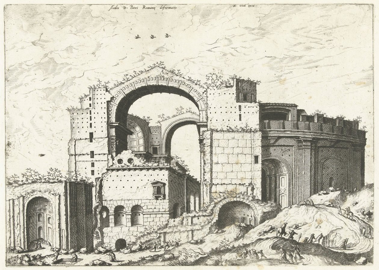 Gezicht op de Sint Pieter في روما تشوه Aedis D. Peter Romana (العنوان على الكائن) الآثار الرومانية ، 1561 (عنوان السلسلة) بواسطة يوهانس لوكاس فان دويتشوم (منسوب إلى)