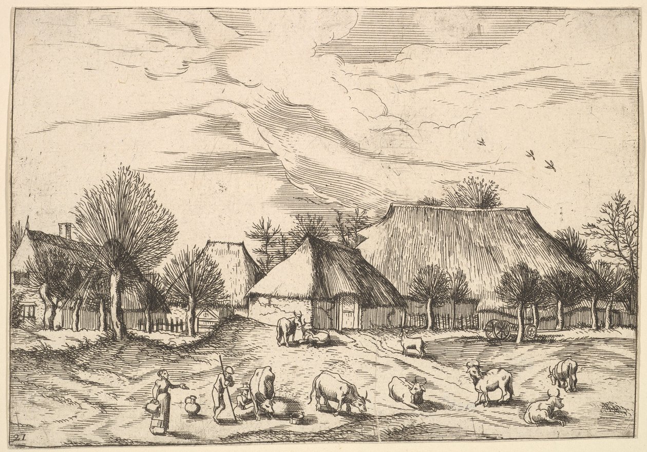 المزارع والماشية مع الرعاة والحليب في المقدمة من Multifariarum casularu ...، 1559-61. بواسطة يوهانس فان دويتكوم الأول