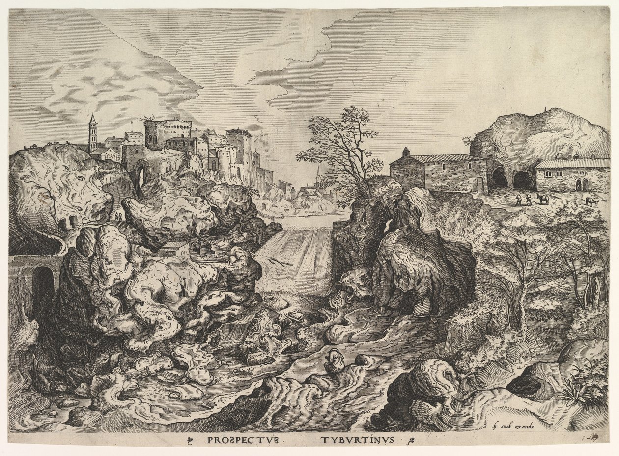منظر لنشرة Tiber Tivoli Prospectus Tyburtinus من المناظر الطبيعية الكبيرة ، كاليفورنيا. 1555-56. بواسطة يوهانس فان دويتكوم الأول