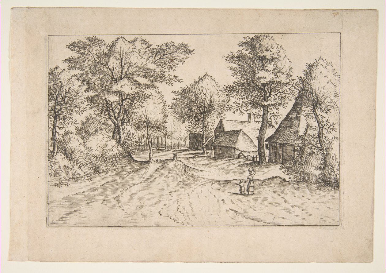 طريق القرية مع مزرعة وحظائر ، من السلسلة ، The Small Landscapes Multifariaru ...، 1559-61. بواسطة يوهانس فان دويتكوم الأول