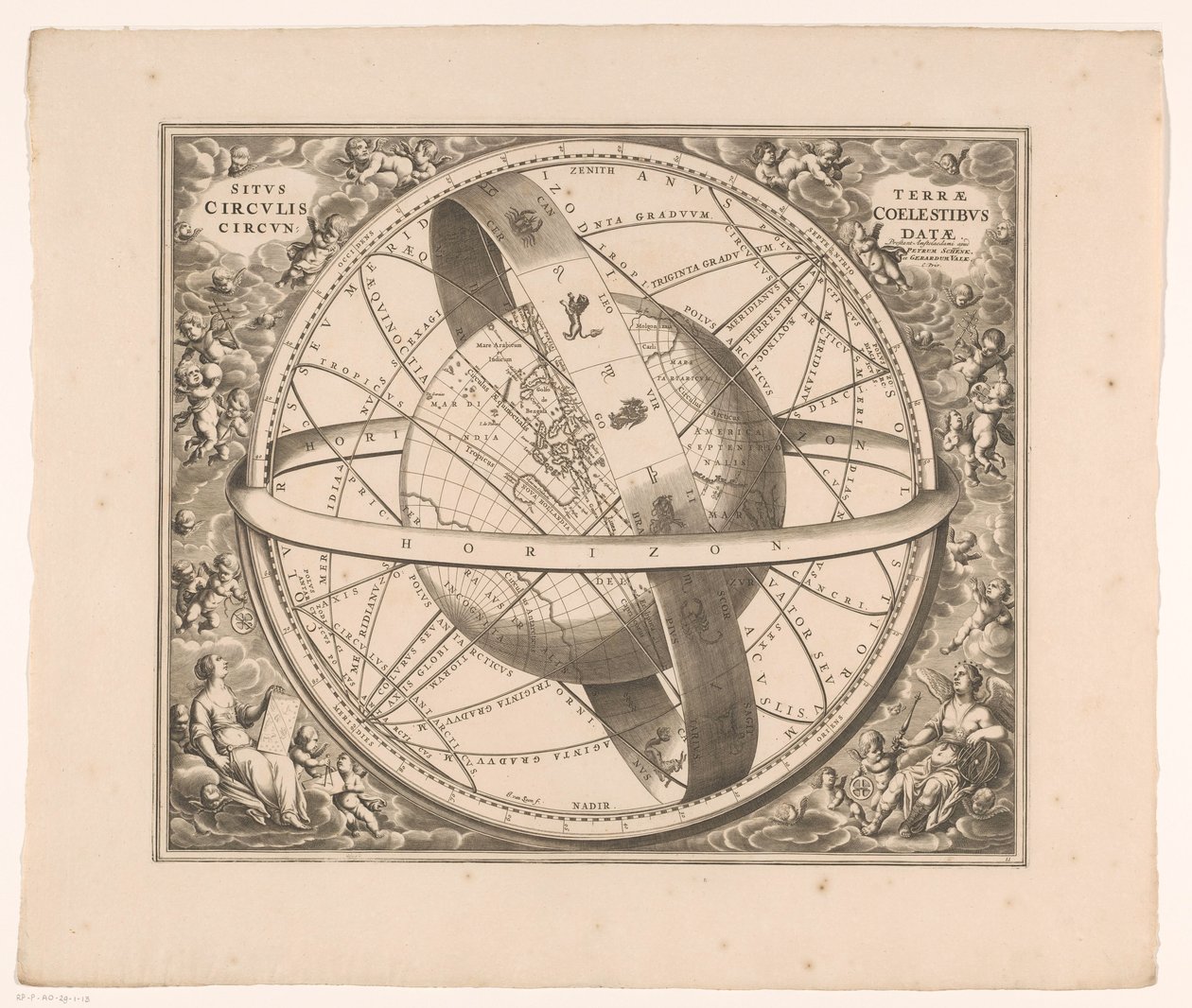 Hemelkaart van de aarde volgens het stelsel van Ptolemaeus موقع الأرض محاط بدوائر سماوية (العنوان على الجسم) بواسطة يوهانس فان لون