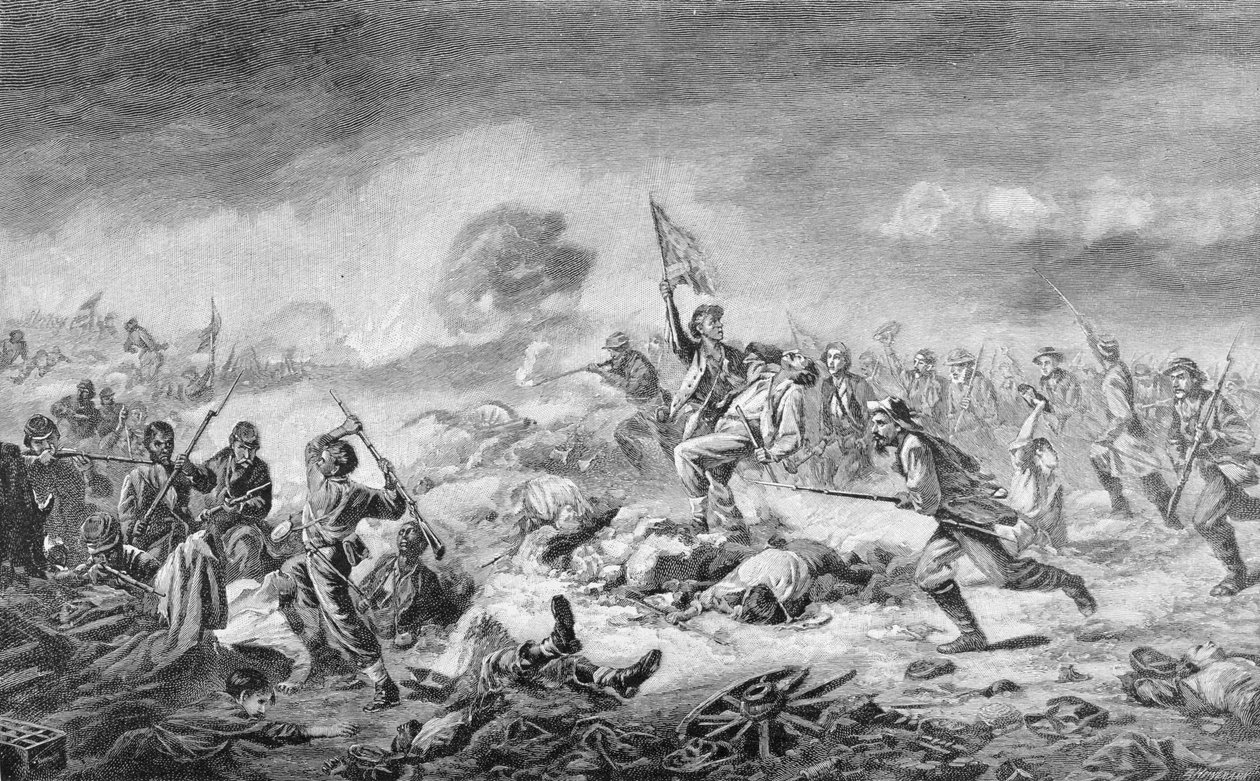 معركة الحفرة ، نقشها إرنست هينمان (1848-1912) ، رسم توضيحي من "المعارك وقادة الحرب الأهلية" ، حرره روبرت أندروود جونسون وكلارنس كلوف بويل بواسطة جون آدامز إلدر