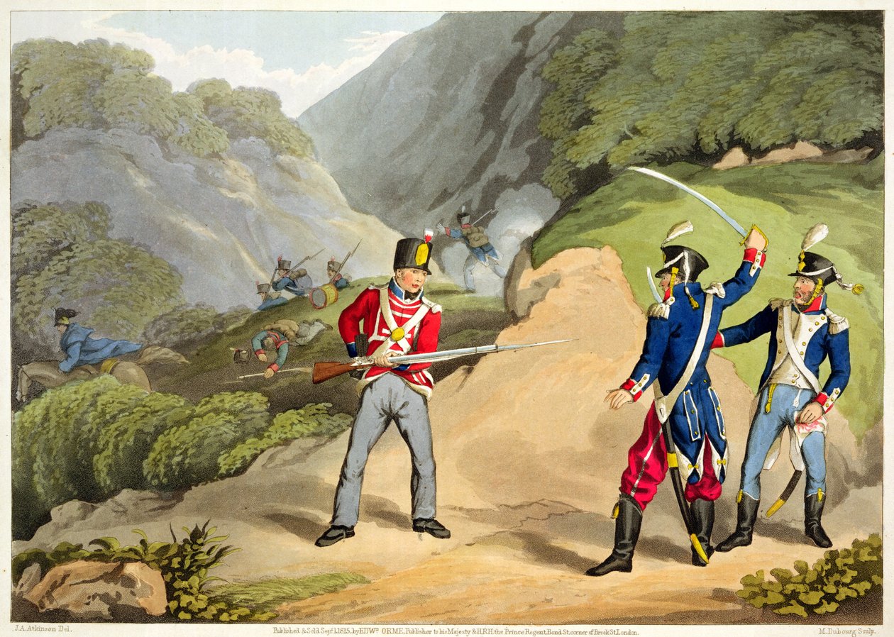 جندي بريطاني يأخذ ضابطين فرنسيين في معركة جبال البرانس ، نقشها ماثيو دوبورج (fl.1813-20) من الحكايات التاريخية والعسكرية والبحرية. بقلم إدوارد أورم (1774 - 1820) 18 بواسطة جون أوغستوس أتكينسون