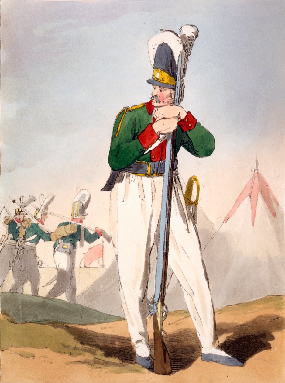 جندي روسي ، رسم توضيحي من كتاب "The Manners، Customs und Amusements of the Russians" لجيمس ووكر ، نشر 1803-4 (حفر أكواتينت) بواسطة جون أوغستوس أتكينسون