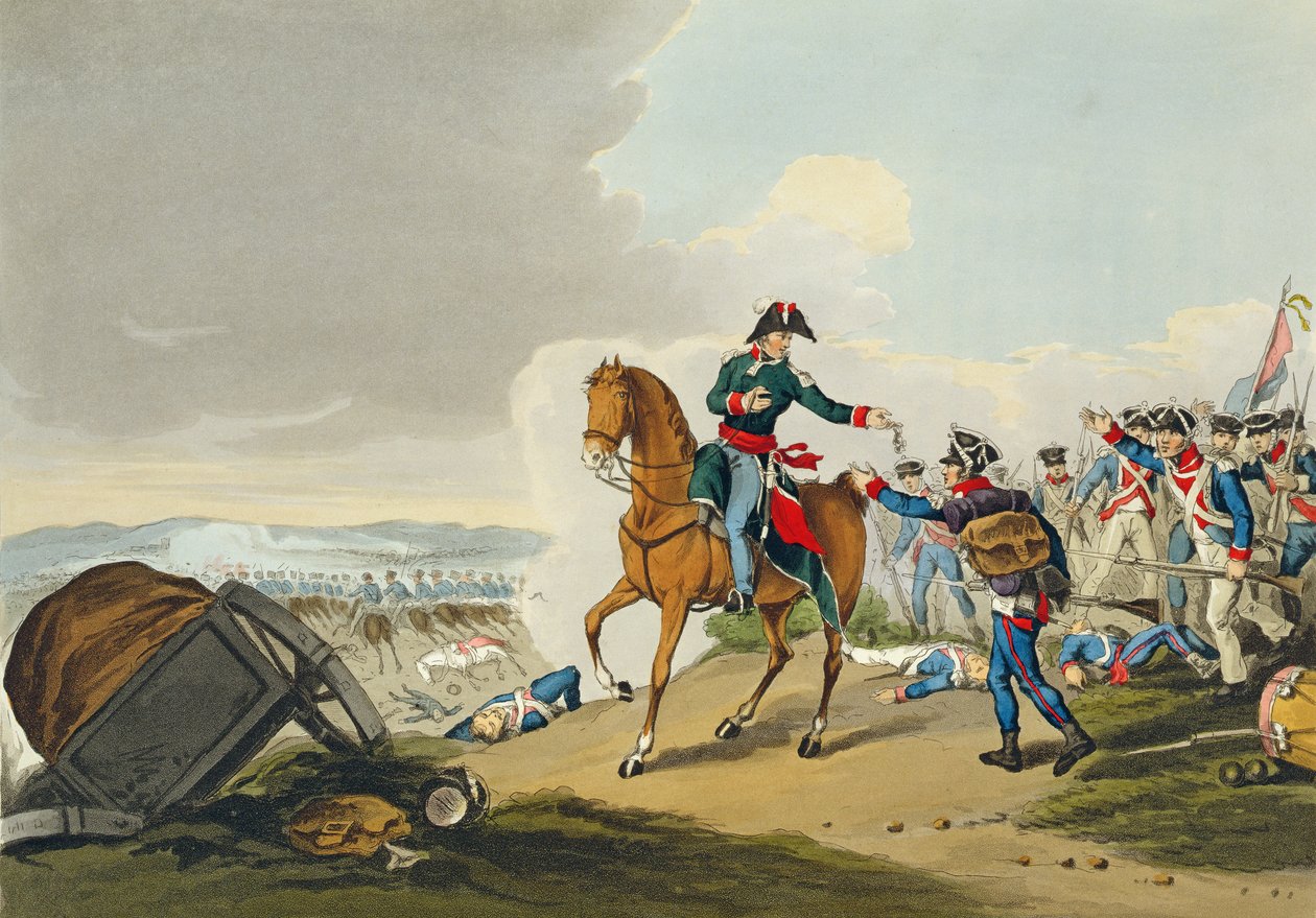 أمير أورانج في معركة واترلو ، منقوش من قبل ماثيو دوبورج (fl.1813-20) من الحكايات التاريخية والعسكرية والبحرية. بواسطة إدوارد أورم (1774-ج 1820) 1815 (أكواتينت) بواسطة جون أوغستوس أتكينسون