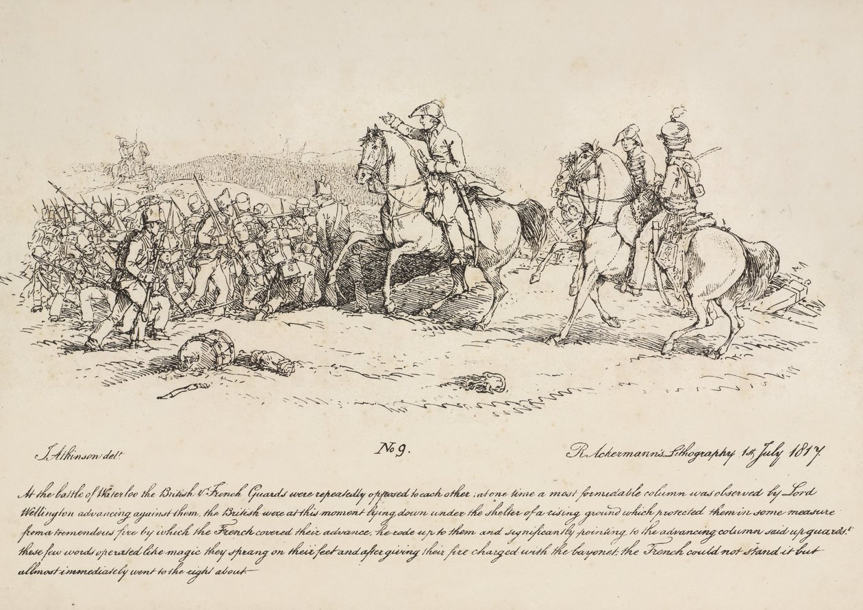 ويلينغتون يوجه تهمة من الحراس مقابل عمود من الفرنسية في واترلو ، طباعة حجرية بقلم R. Ackermann ، 1815 بواسطة جون أوغستوس أتكينسون