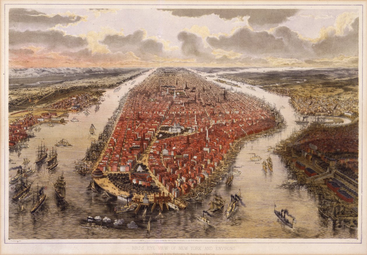 منظر عين الطيور في نيويورك وضواحيها ، 1865 بواسطة جون باخمان