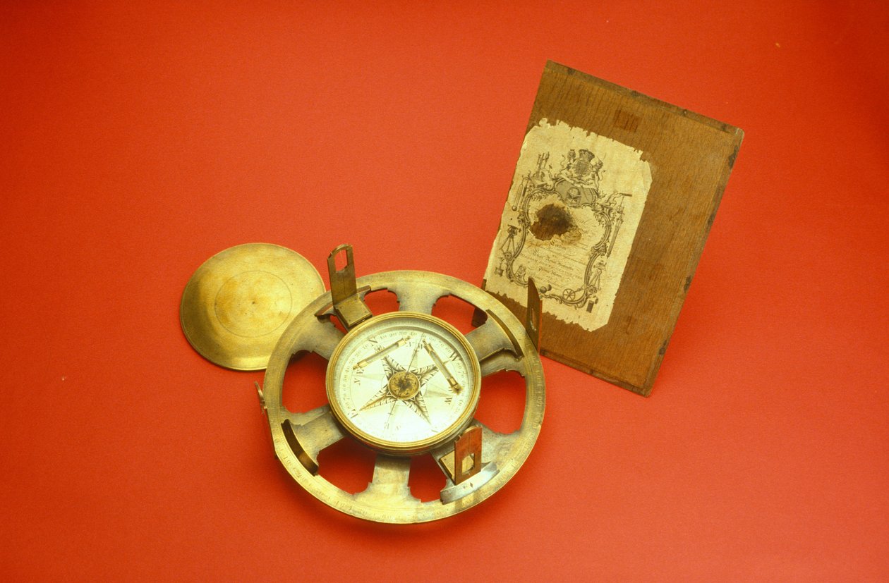 ثيودوليت عادي مع بطاقة تجارية داخل غطاء العلبة ، c.1780 (نحاسي) بواسطة جون بينيت
