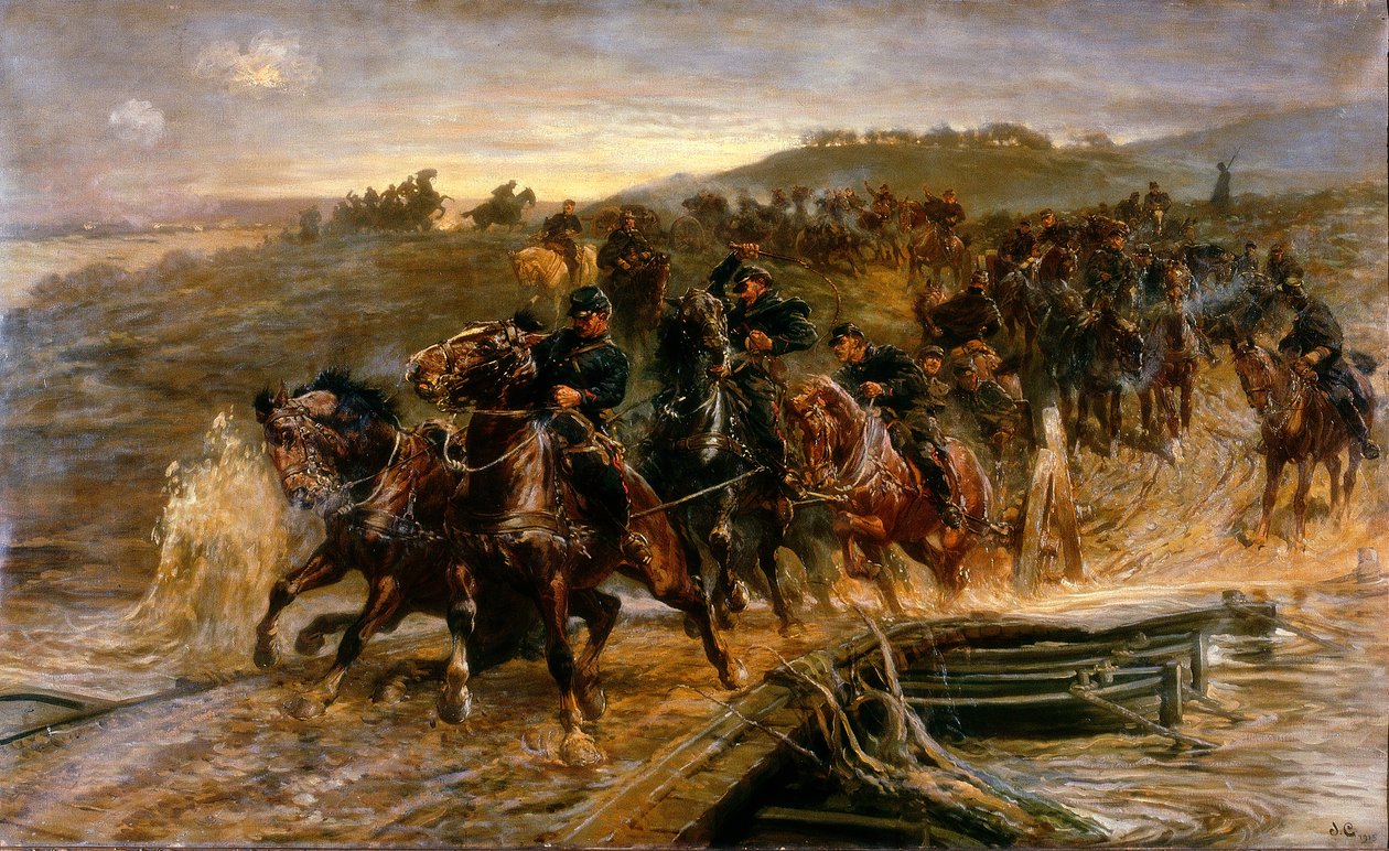 المدفعية الفرنسية تعبر الممر المغمور وإنقاذ البنادق ، 1915 بواسطة جون تشارلتون