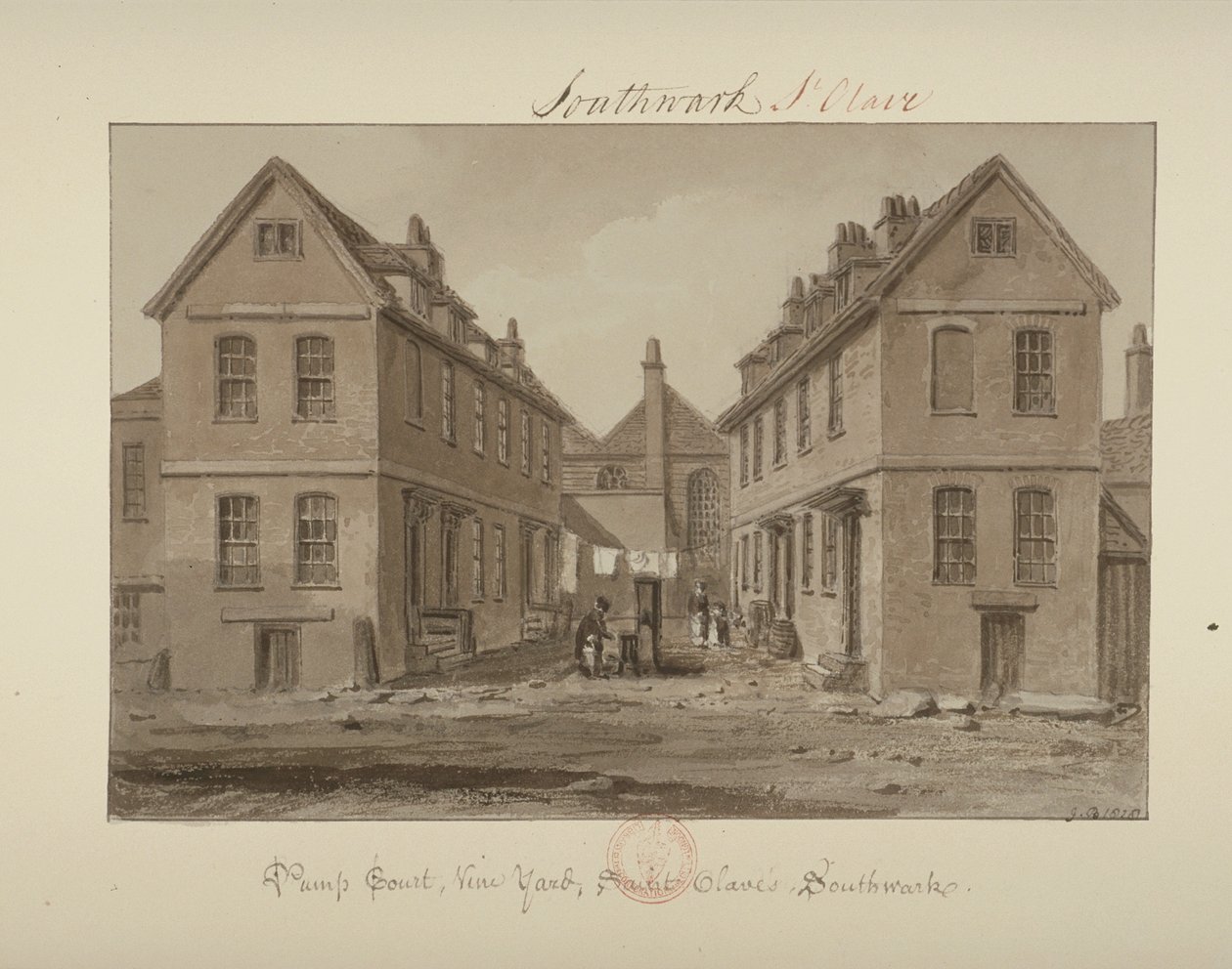 منظر لشكل يجمع الماء في Pump Court ، Vine Yard ، Bermondsey ، 1828 (يغسل على ورق) بواسطة جون شيسيل بكلر