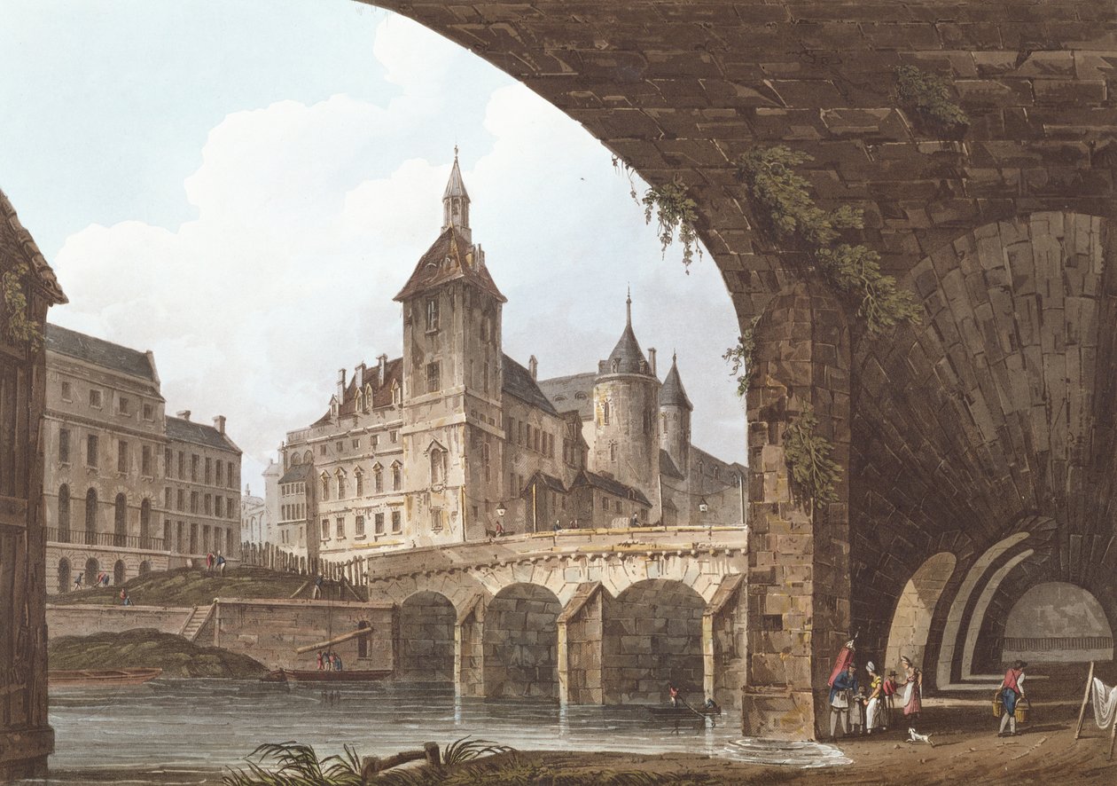 منظر ل Pont-au-Change ، و Tour de l&39;Horloge و Conciergerie ، ج .1805 (أكواينت الملونة) بواسطة جون كلود ناتس