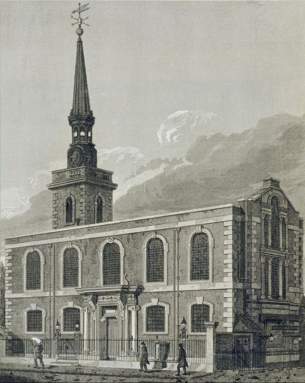 سانت جيمس ، وستمنستر ، محفورا بواسطة ج.سكيلتون من أجل "الهندسة الكنسية في لندن" ، 1814 بواسطة جون كوني
