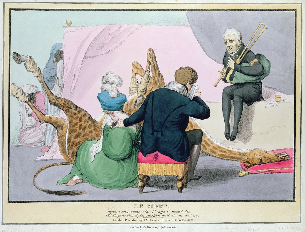 `` لو مورت &39;&39; ، جورج الرابع (1762-1830) ، صورة كاريكاتورية للملك يحزن على وفاة الزرافة في حديقة حيوان لندن ، طبعها جيه. بواسطة ماكلين ، 1829 ، لندن ، (نقش يدوي) بواسطة جون دويل