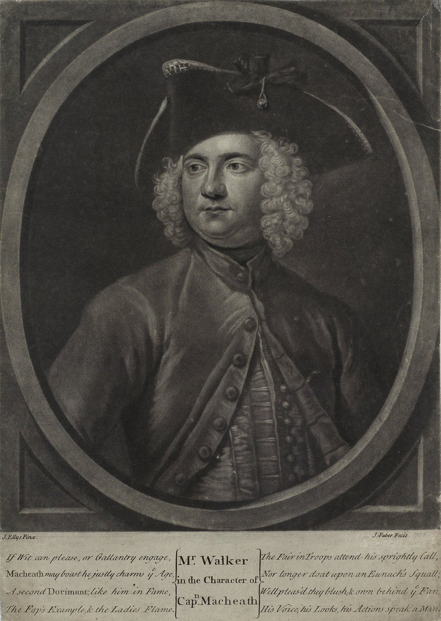 السيد ووكر في شخصية الكابتن ماكيث ، نقشها جون فابر الأصغر (c.1695-1756) ، 1728 (mezzotint) بواسطة جون إليس