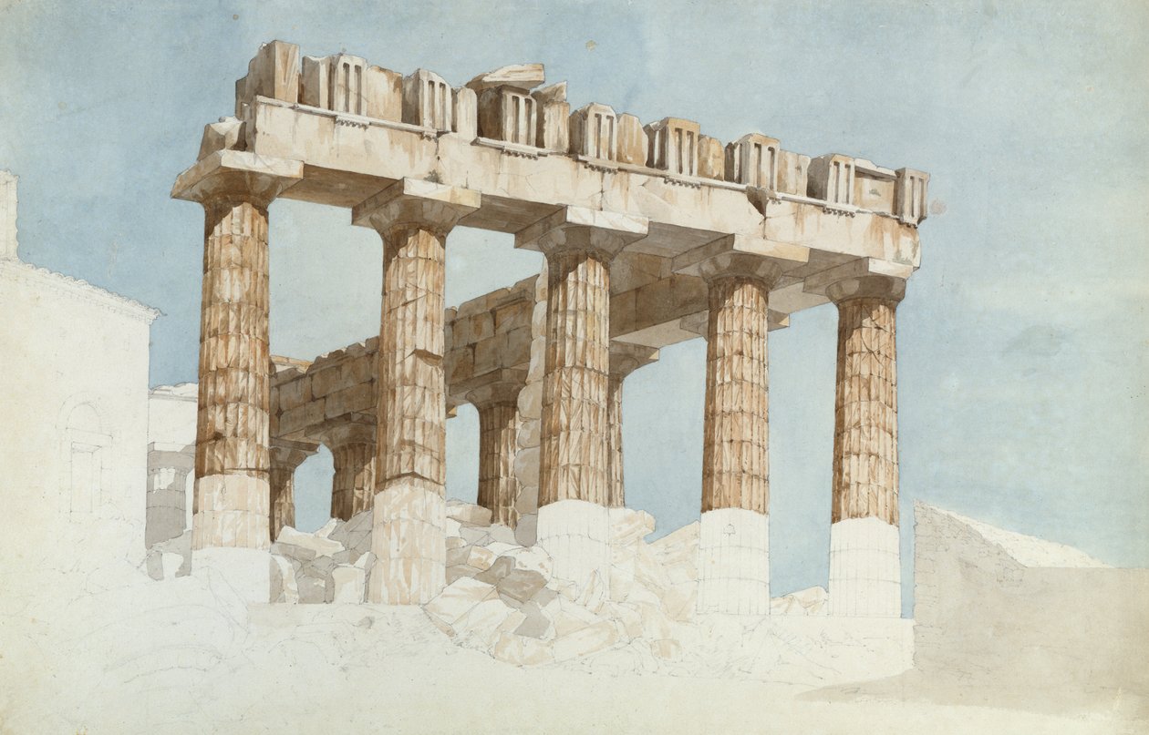 الطرف الشرقي والجانب الجنوبي من البارثينون ، c.1813 (مرحاض وجرافيت على ورق) بواسطة جون فوستر