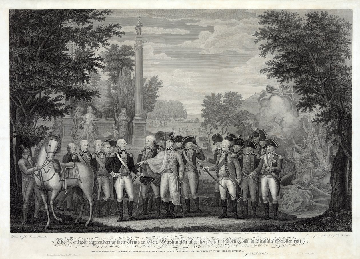 البريطانيون يسلمون أسلحتهم للجنرال واشنطن بعد الهزيمة في يورك تاون في فيرجينيا أكتوبر 1781 ، الحانة. 1819 (نقش وزن الجسم) بواسطة جون فرانسيس رينو